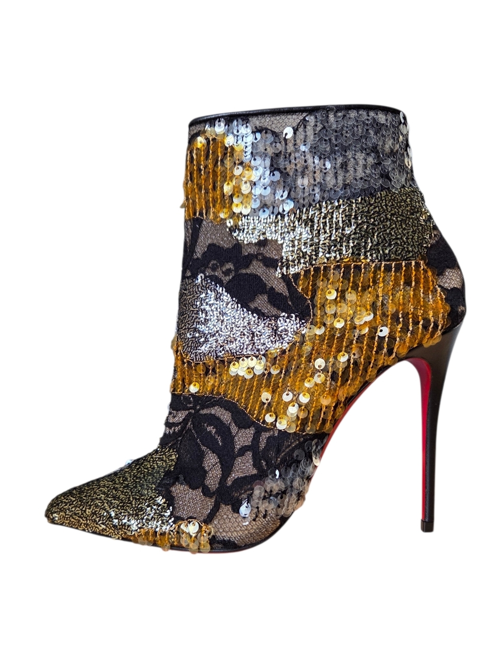 Christian Louboutin Gipsybootie 100 Black Gold Silver Lace Sequin Boots Rare 36